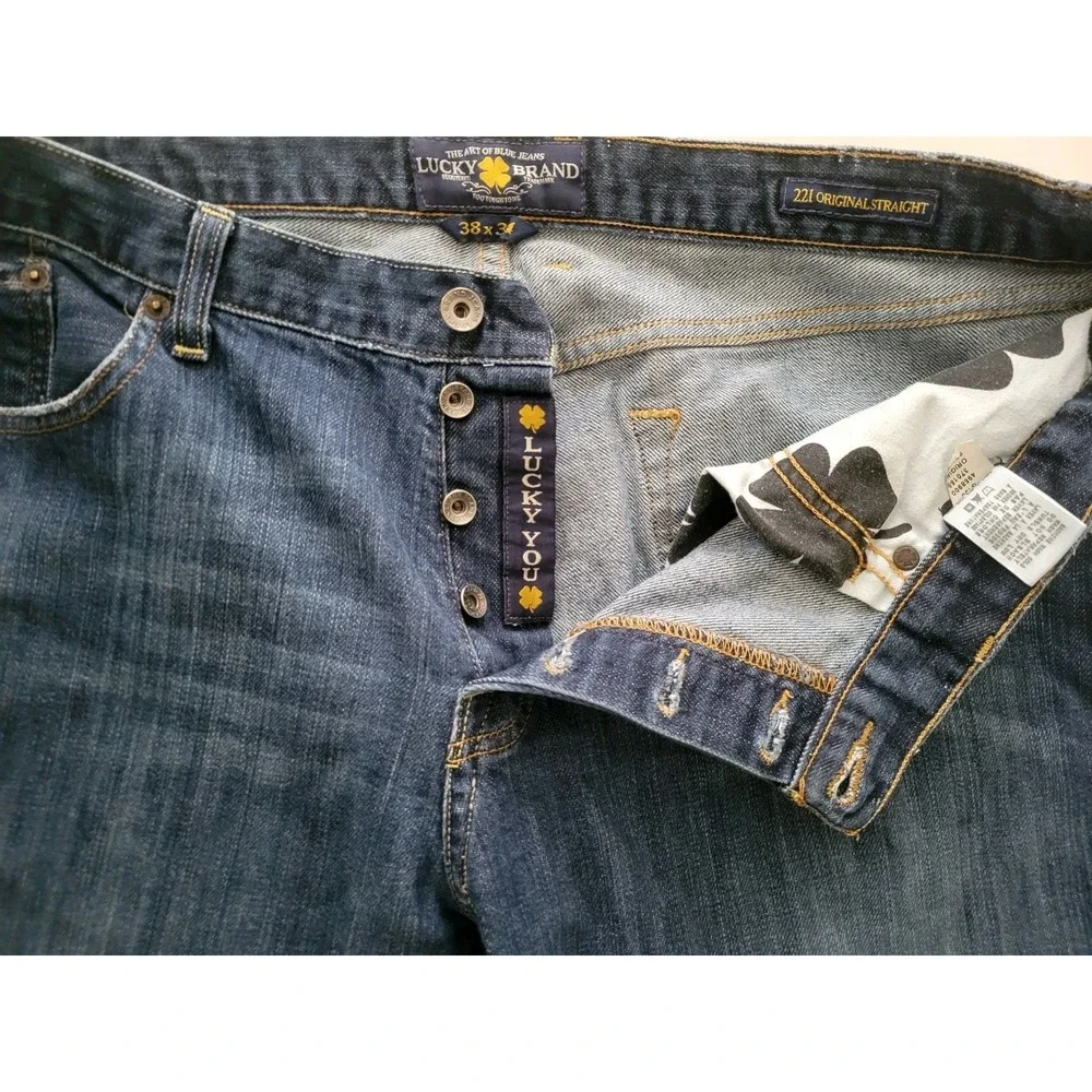 Lucky Brand‎ Mens Blue Solid Button Fly 221 Original Straight Jeans 38x34